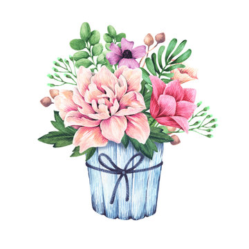 Watercolor composition with flowers. Vase and flower bouquet isolated on white background.