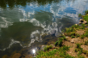 Abstract reflection of a cloud on a river water surface. Nature background abstract reflection of a cloud on a river water surface