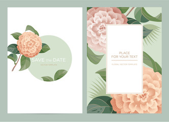 Wedding invitation card with camellia in vintage style. Pink flowers on a green background. Vector template for the invitation, shop, beauty salon, spa.	