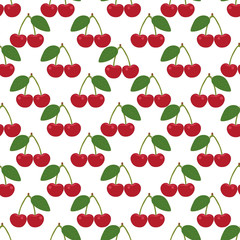 Sour cherries seamless pattern vector. Illustration of a hand drawing with red and green colors on isolated white background. For fabric, cloth, backdrop, wrapping paper, Printable eps 10 format.