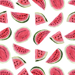 Different watercolor drawn watermelon slices pattern. Watercolor watermelon. Drawn watermelon background. Summer fruit pattern