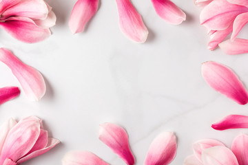 Flowers composition. Frame made of pink magnolia flowers on white background. Flat lay. Spring...