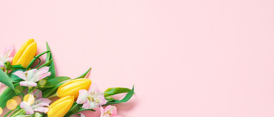 Pink banner with spring flowers and lights, festive composition for spring holidays - 321920786