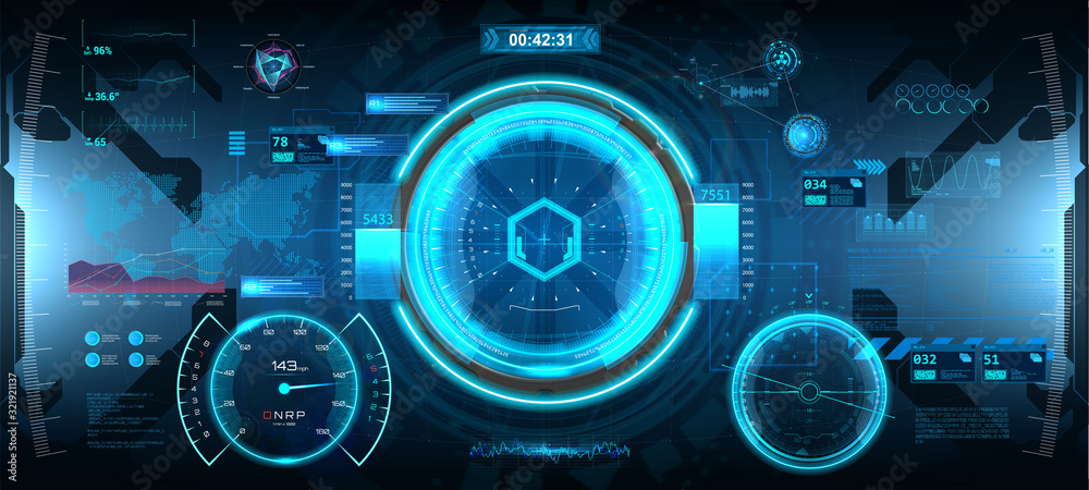 Aufkleber Futuristic Head-up display in HUD style. Sci-Fi cockpit helmet. GUI interface design. Virtual reality View from the cockpit spaceship. Cyberpunk interface. Vector illustration