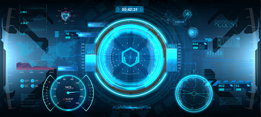 Futuristic Head-up display in HUD style. Sci-Fi cockpit helmet. GUI interface design. Virtual reality View from the cockpit spaceship. Cyberpunk interface. Vector illustration