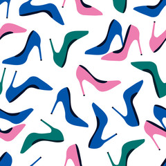 Obraz premium Vector seamless pattern with fashionable shoes. Handdrawn texture design.