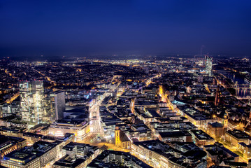 Aerial shot of Frankfurt. High resolution aerial panoramic view of Frankfurt am Main, Germany at dusk. beautiful sunset over the metropolis, Financial Center of Europe - Frankfurt am Main