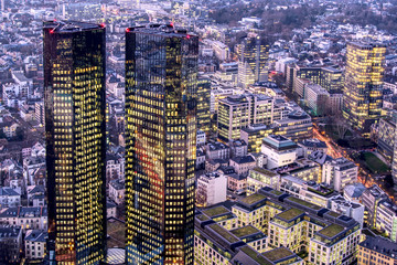 Aerial shot of Frankfurt. High resolution aerial panoramic view of Frankfurt am Main, Germany at dusk. beautiful sunset over the metropolis, Financial Center of Europe - Frankfurt am Main. hdr shoot