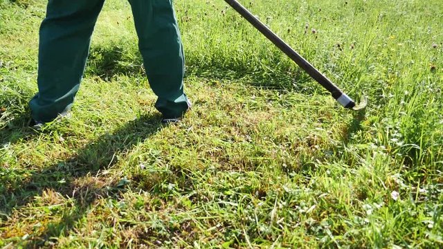 Original name(s): Slow motion footage of a farmer hand mowing the grass on a meadow with a scythe, the shot is moving along the person