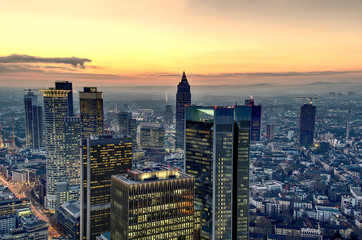 Aerial shot of Frankfurt. High resolution aerial panoramic view of Frankfurt am Main, Germany at dusk. beautiful sunset over the metropolis, Financial Center of Europe - Frankfurt am Main. hdr shoot