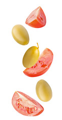 Isolated cut tomato and olives in the air for salads