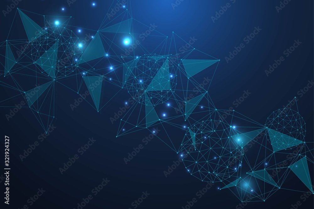Poster geometric abstract background with connected line and dots. structure molecule and communication. bi