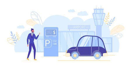 Fototapeta na wymiar Man Using Payment Terminal in Airport Parking.