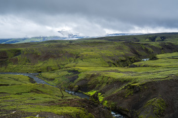 Fototapeta na wymiar River Skoga in Iceland Highlands on a cloudy day, hiking Fimmvördurhals