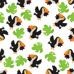 Childish seamless pattern with cartoon toucan. Tropical bird. Monstera plant leaves. Jungle vector animals.