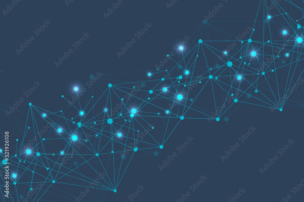 Poster geometric abstract background with connected line and dots. structure molecule and communication. bi