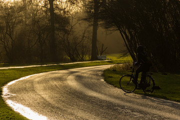 Biking in the sunset of a winter in Europe