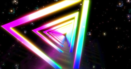 Glowing neon color triangle tunnel. Laser show background. ultraviolet blue purple color spectrum . 3D rendering 3D illustration