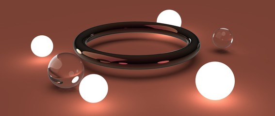 Diseño de esferas  aros brillantes con iluminación. Render 3d de ilustración geométrica. Fondo tridimensional.