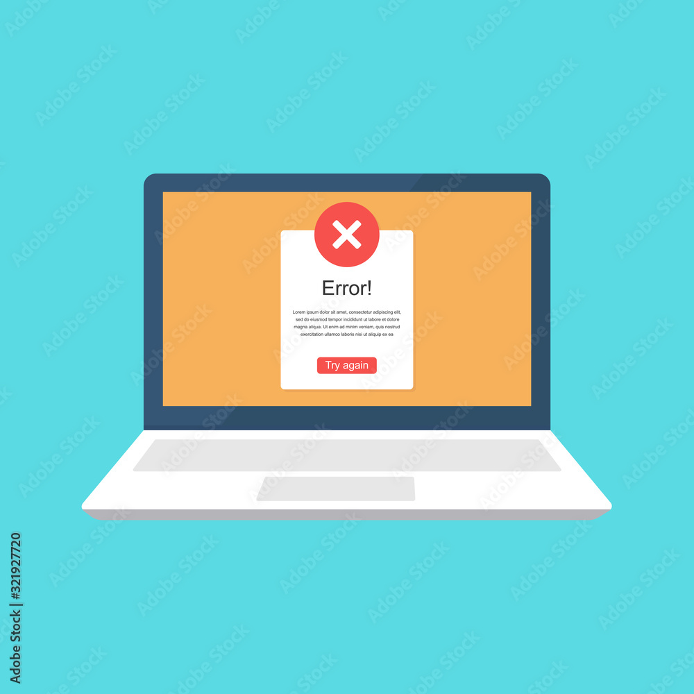Fototapete error message on laptop screen. crash, error, failure of the system. flat color icon.