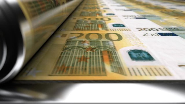 Close up view of press machine printing 200 EUR banknotes. Animation showing how world famous european currency is being printed and emissioned. Close up of printing press process, seamless loop.