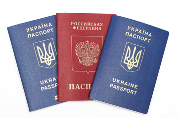 Foreign passport of citizen Russian Federation and Ukraine and a national passports of the Russian Federation, Ukraine on white background
