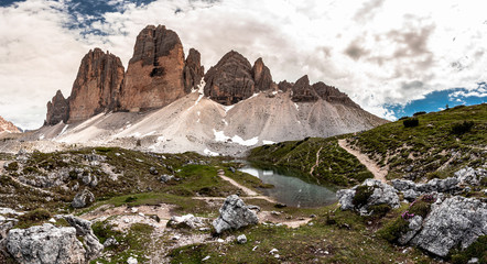 Panorama Tre Cime Dolomite Alps with Lake