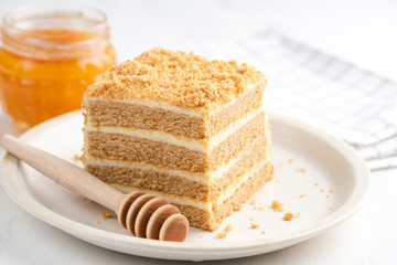 Layered Honey Cake Medovik. Square Piece Of Cake