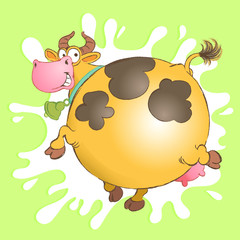 Funny vector drawing. Merry cow in the shape of a ball jumps on a background of milk splashes