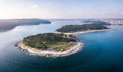 Fototapeta premium Medulin , Istria , Croatia. Aerial shot of the nearby peninsula and camping zone.
