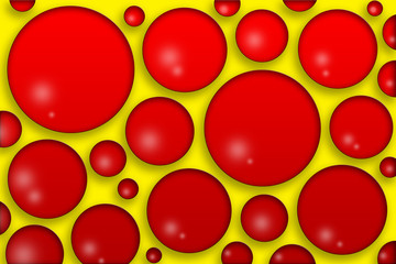Red glossy circles on yellow background. Illustration for candy, sweets. Simple wallpaper