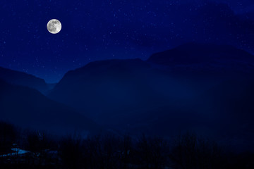 Naklejka na ściany i meble Scenic night landscape of country road at night with large moon