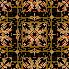 Baroque style plaid grid vector seamless pattern. Ornamental greek background. Geometric tribal ethnic repeat ornate backdrop. Vintage flowers, leaves, geometrical abstract shapes. Greek key meanders