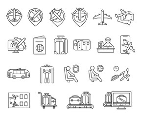 Set summer travel airport icons outline. Airport elements line style for web