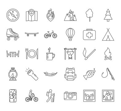 Set summer camping and outdoor line icons. Elements camping, hiking and sport for web design