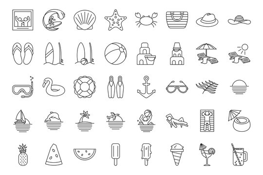 Set summer beach icons outline styles. Summer vacation and outdoor on the beach stuff line elements for web.