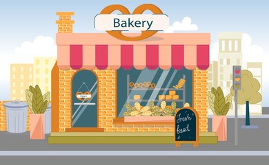 Bakery Shop Building with Fresh Bread Ad Board