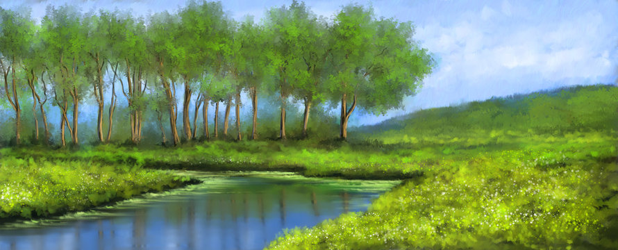 Paintings landscape with lake and forest. Fine art.