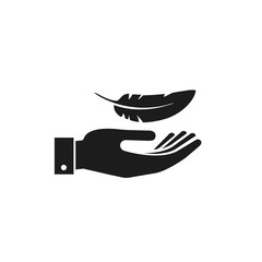 Hand with feather or bird quill icon, Vector isolated flat design illustration