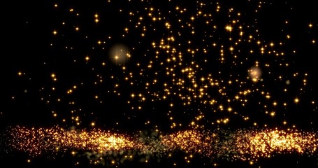 Golden confetti bokeh lights on the black background. 3d illustration