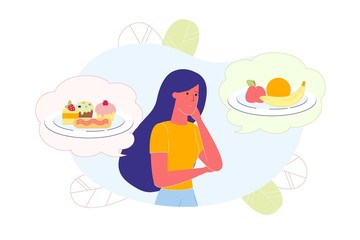 Girl Thinking about Healthy and Junk Food, Choice.