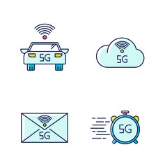 5G wireless technology RGB color icons set. Smart vehicle. Fast speed. Cloud computing. Improved messaging. Mobile cellular network. Isolated vector illustrations