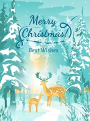 Christmas Card with Reindeer in Winter Forest