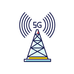 5G cell tower RGB color icon. Wireless technology. Fast Internet connection. Mobile cellular network coverage. Telecommunications antenna. Isolated vector illustration