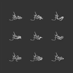 Nose smelling scent chalk white icons set on black background. Person sniffing good and bad odor. Stinking stench. Aromatic fragrance. Fume swirls. Isolated vector chalkboard illustrations
