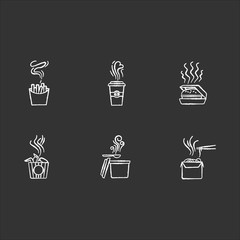 Hot food steam chalk white icons set on black background. Fastfood good smell. Prepared snack smoke. Aromatic french fries. Takeaway coffee heat swirls. Isolated vector chalkboard illustrations