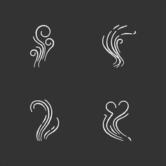 Good and bad smell chalk white icons set on black background. Stinky odor. Heart shape fluid, perfume scent. Stench, smog. Smoke stream, fume swirls. Isolated vector chalkboard illustrations