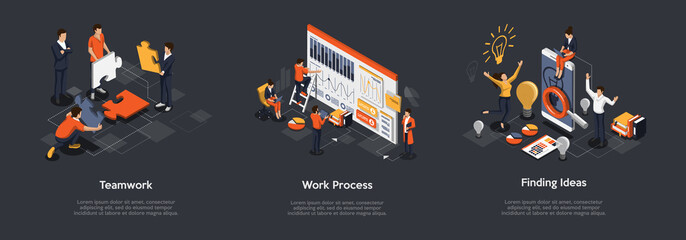 Isometric Set Of Teamwork Process, Work Process And Finding Ideas Concept. 3d Isometric Illustration Of Digital Marketing And Development. Vector illustration - obrazy, fototapety, plakaty