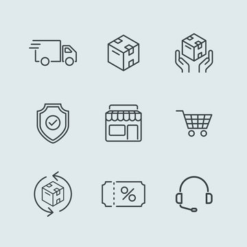 Online Shop Delivery Packaging Discount Line Icon Vector Set