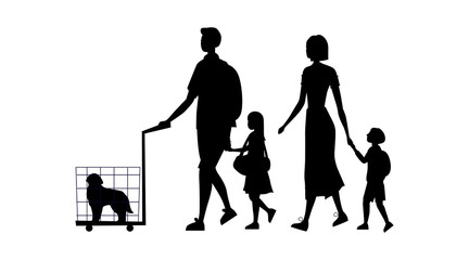 Black Silhouettes Of Family With Laggage, Dog In the Cage and Handbag Isolated On the White Background. Family Trip Concept. Happy Family Is Ready To Travel. Cartoon Flat Style. Vector Illustration